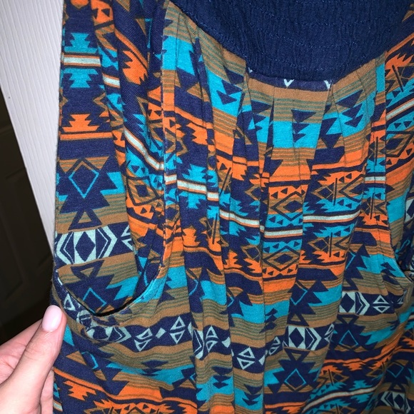 Billabong Strapless Tribal Print Orange/ Blue Dress with Pockets - Picture 5 of 7